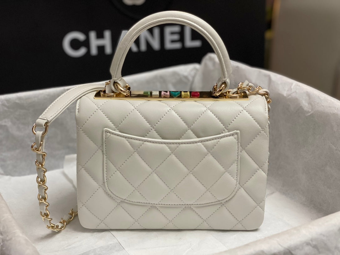 CHANEL TRENDY 20CM WHITE LAMBSKIN GOLD HARDWARE