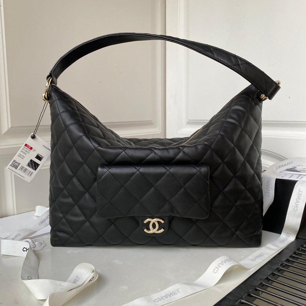 CHANEL LARGE HOBO 37CM BLACK LAMBSKIN GOLD HARDWARE