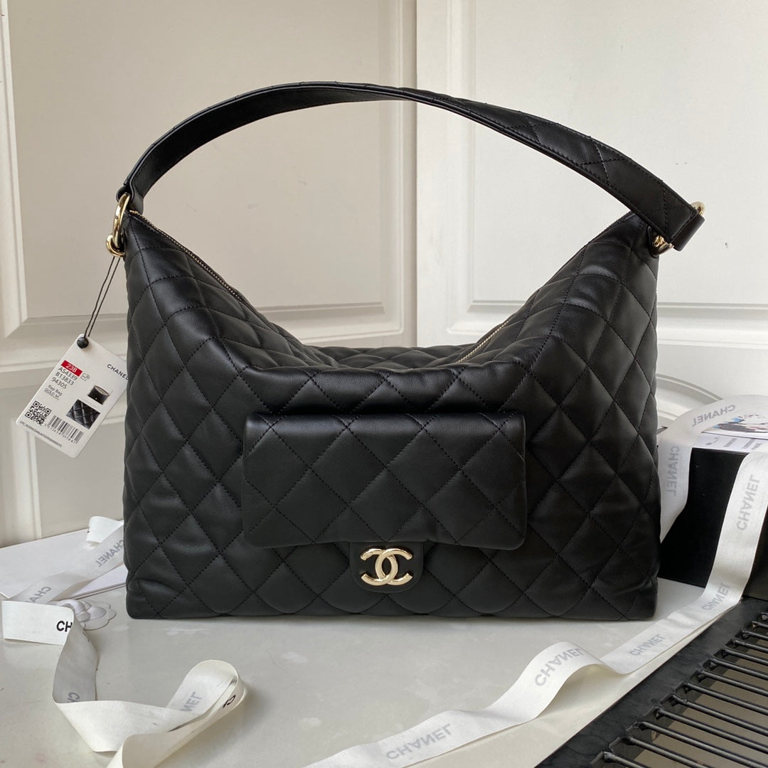 CHANEL LARGE HOBO 37CM BLACK LAMBSKIN GOLD HARDWARE