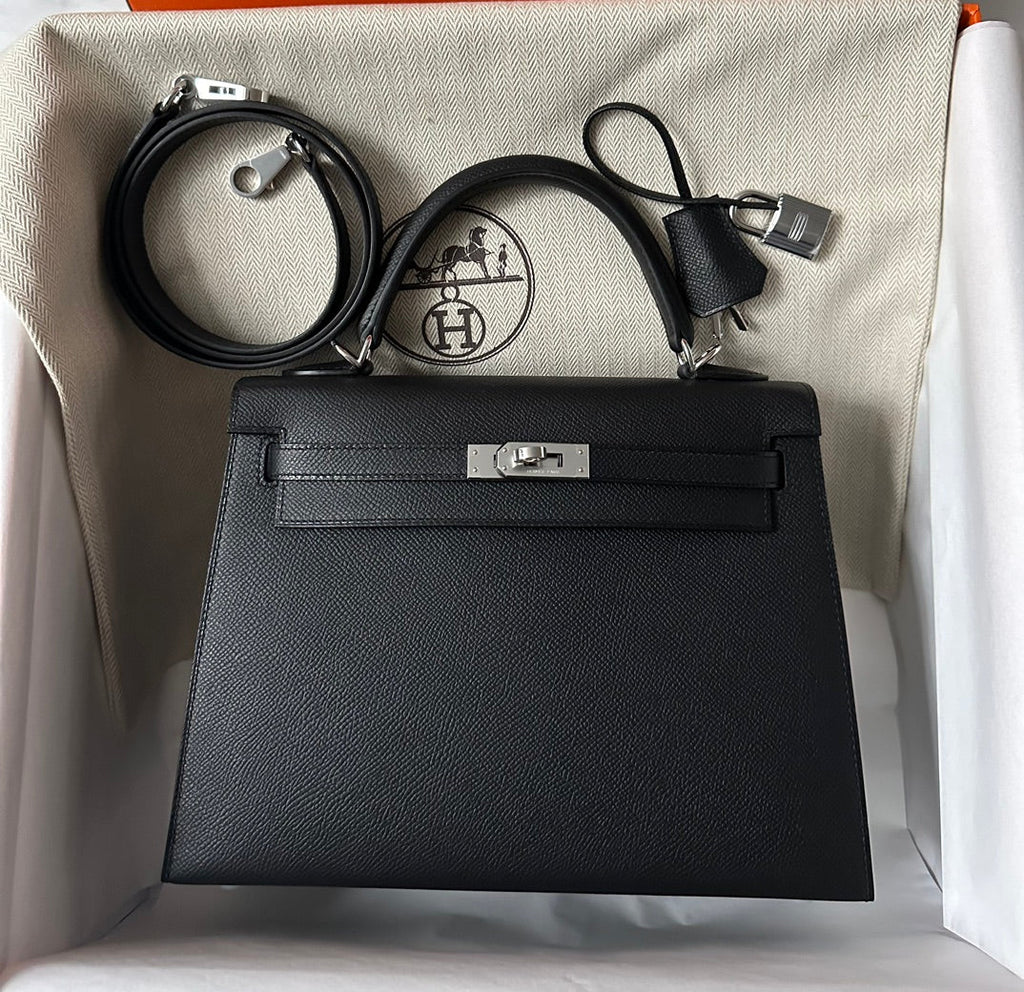HERMES KELLY 25CM BLACK EPSOM SILVER HARDWARE
