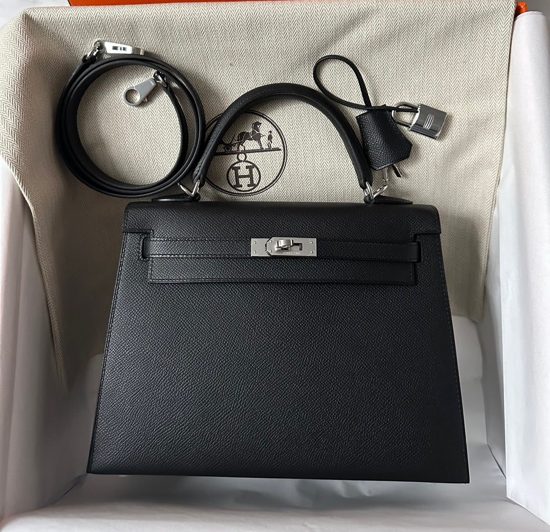 HERMES KELLY 25CM BLACK EPSOM SILVER HARDWARE