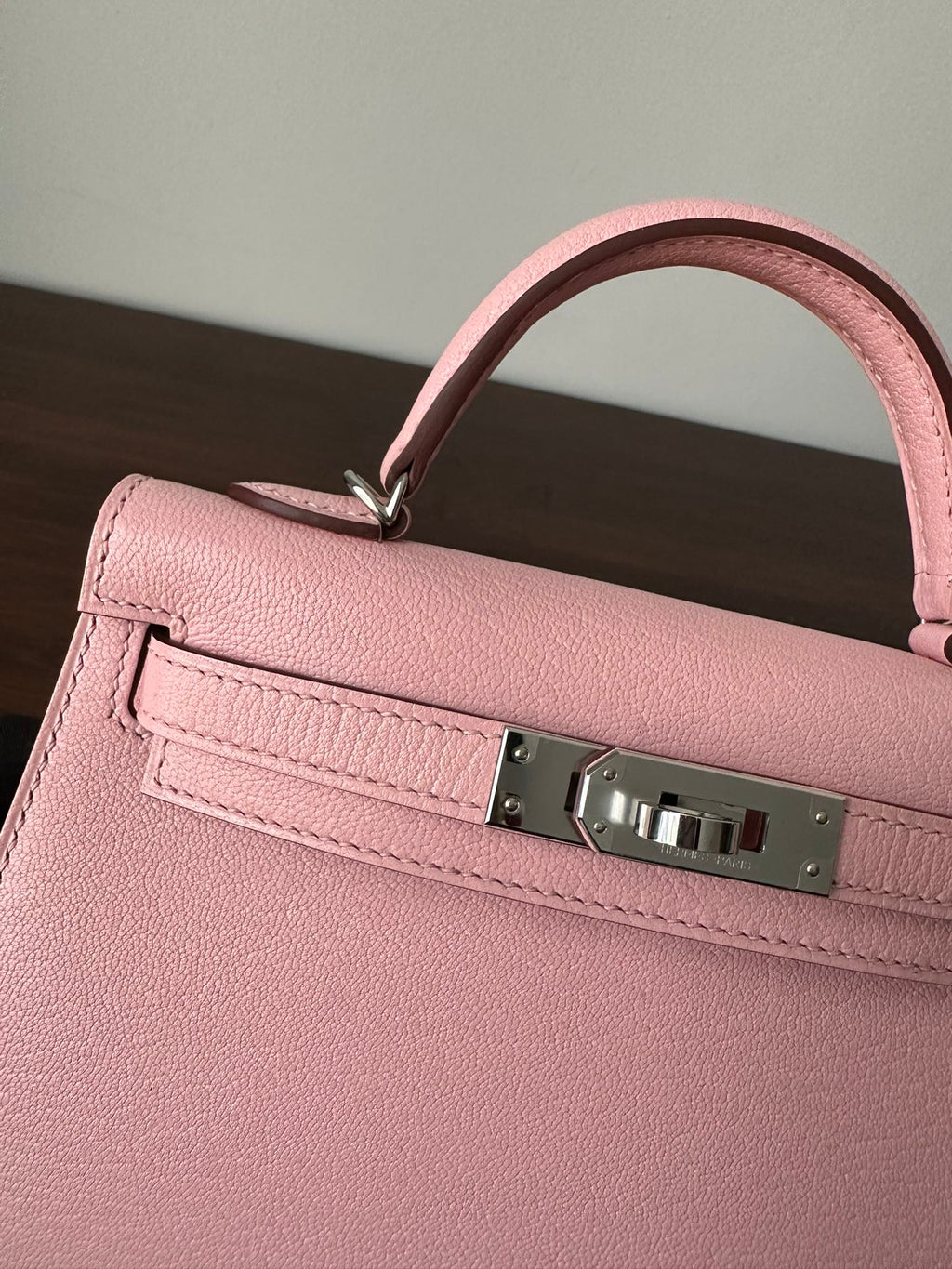 HERMES KELLY MINI 19 PINK CHEVRE SILVER HARDWARE