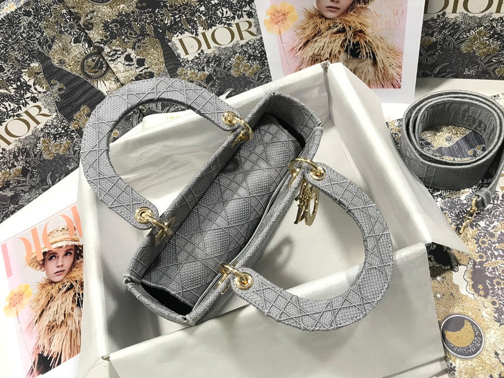 DIOR MEDIUM LADY D-LITE 24 GRAY CANNAGE EMBROIDERY
