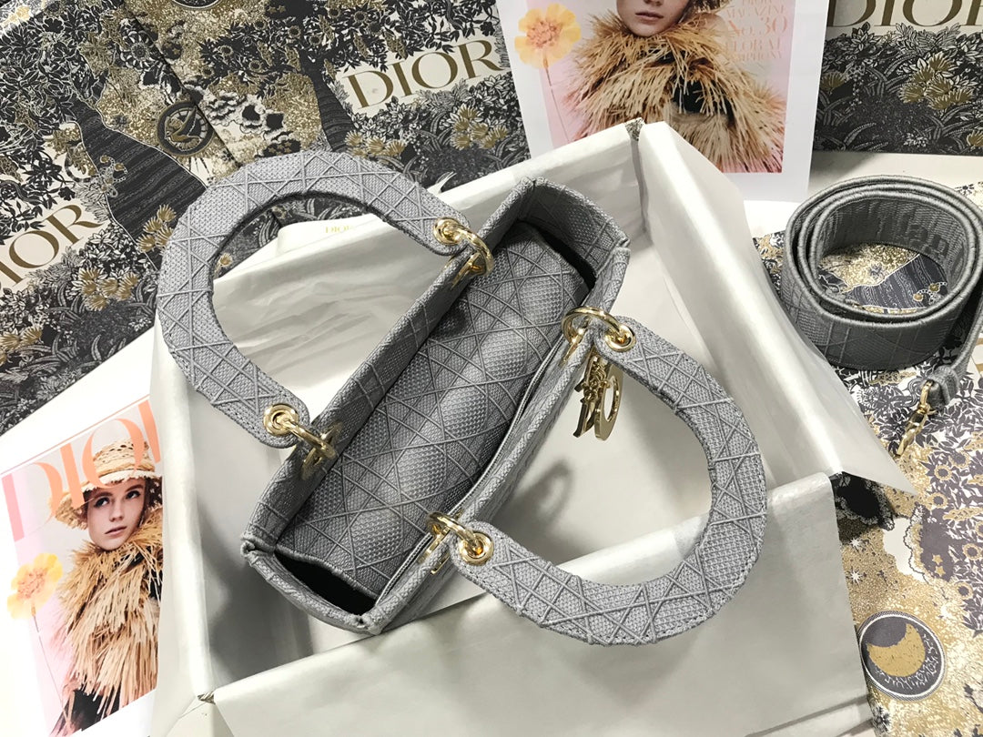 DIOR MEDIUM LADY D-LITE 24 GRAY CANNAGE EMBROIDERY