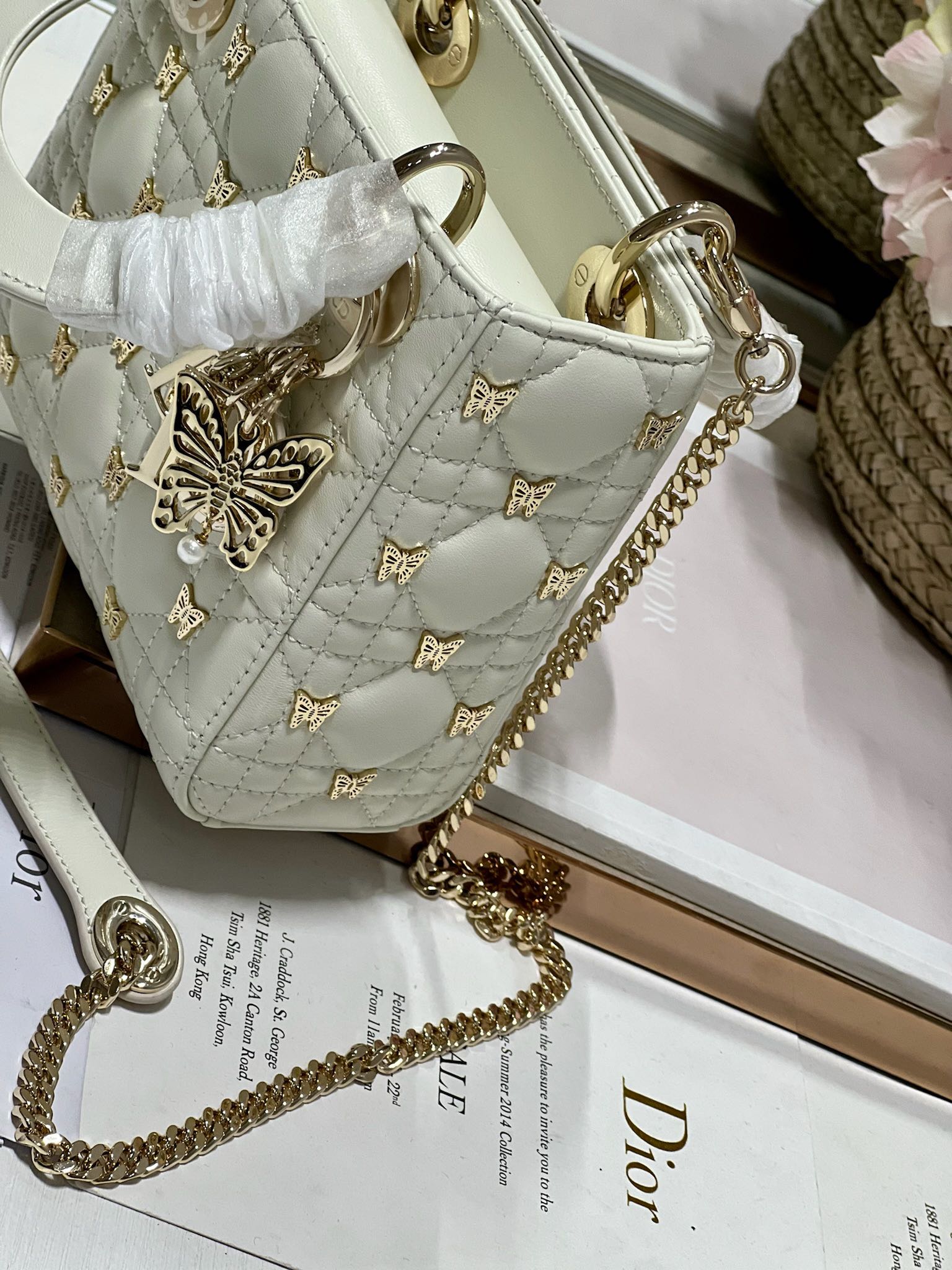 DIOR MINI LADY 17 BUTTERFLY STUD WHITE LAMBSKIN