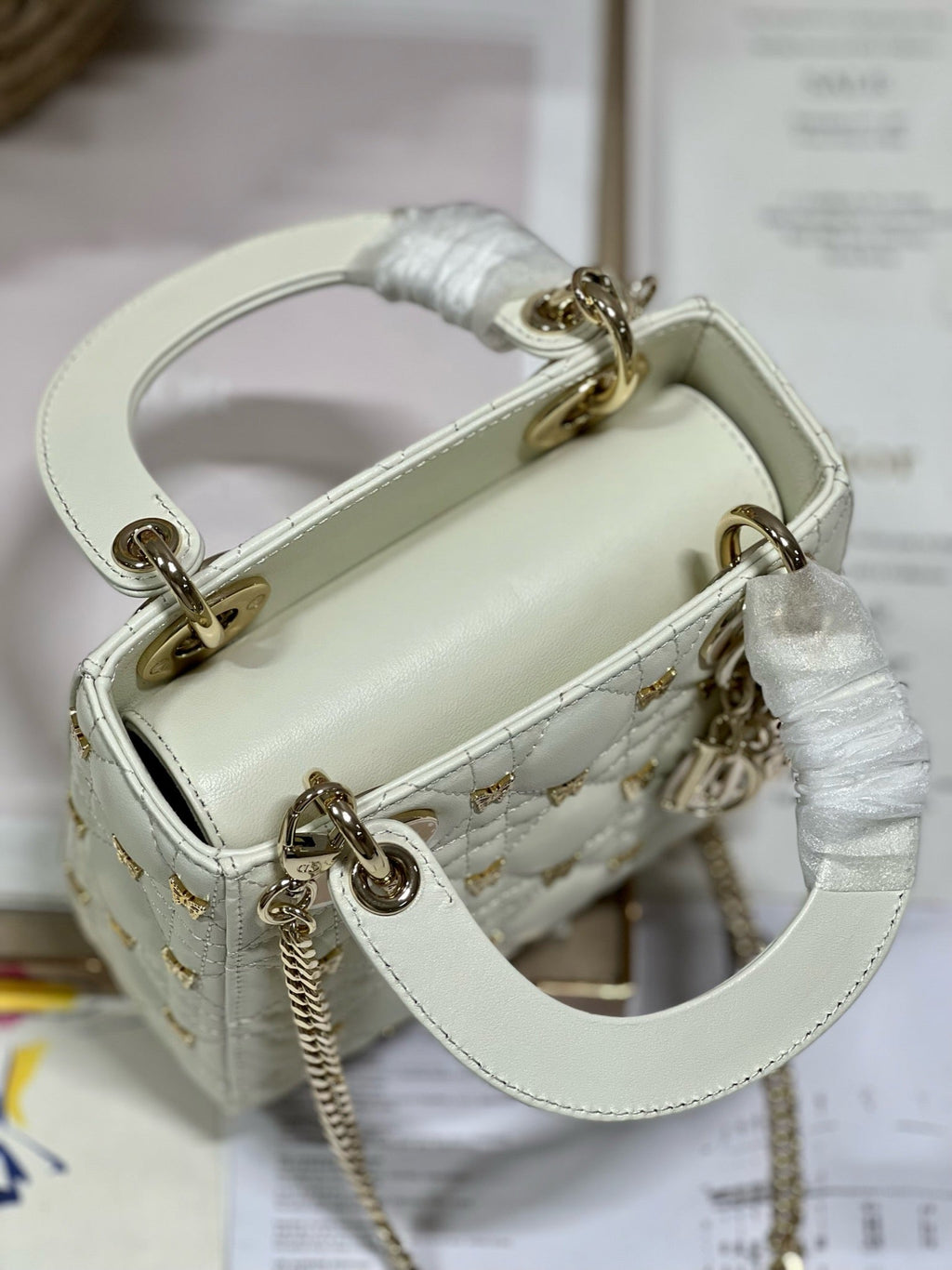 DIOR MINI LADY 17 BUTTERFLY STUD WHITE LAMBSKIN