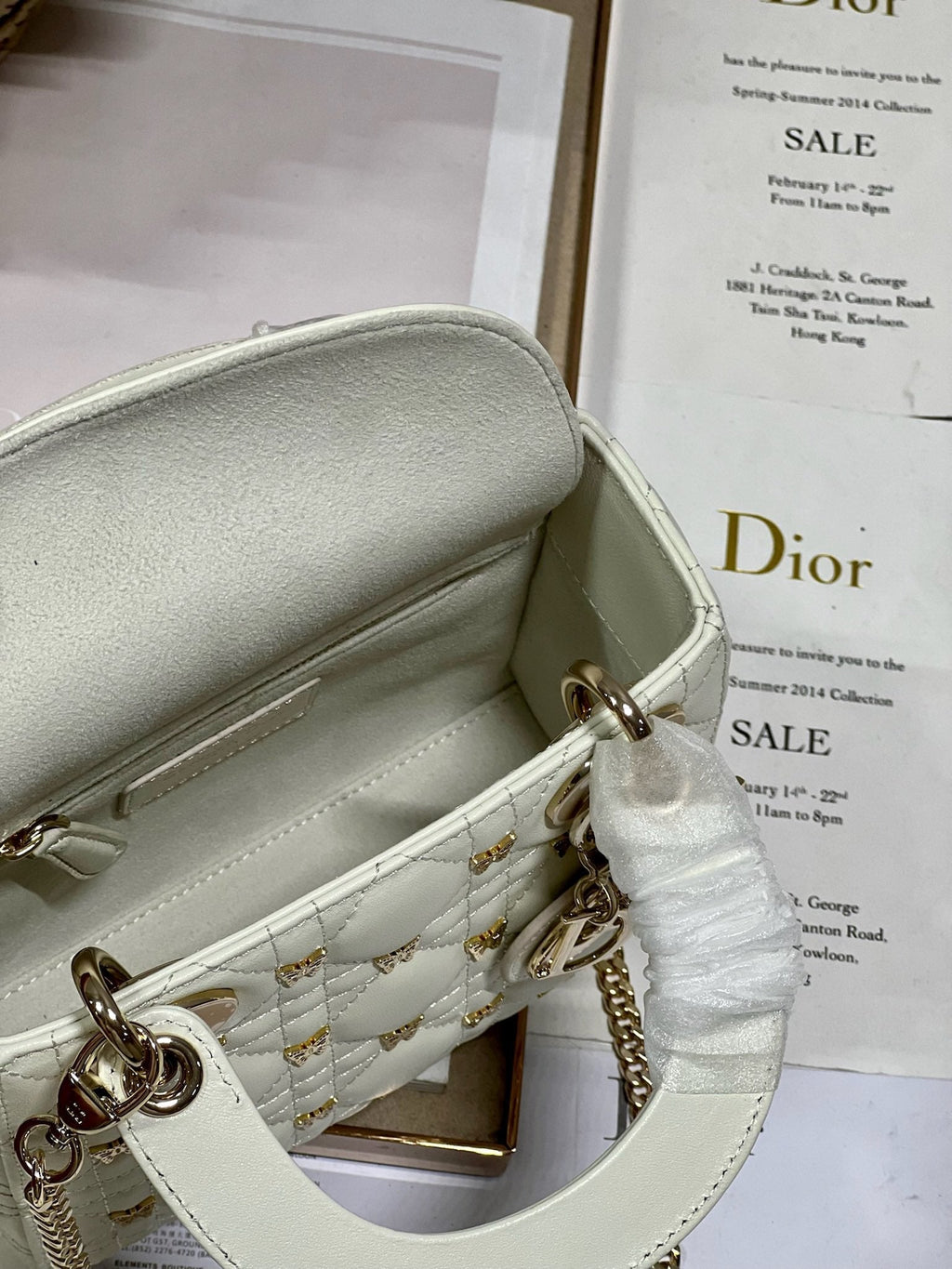 DIOR MINI LADY 17 BUTTERFLY STUD WHITE LAMBSKIN