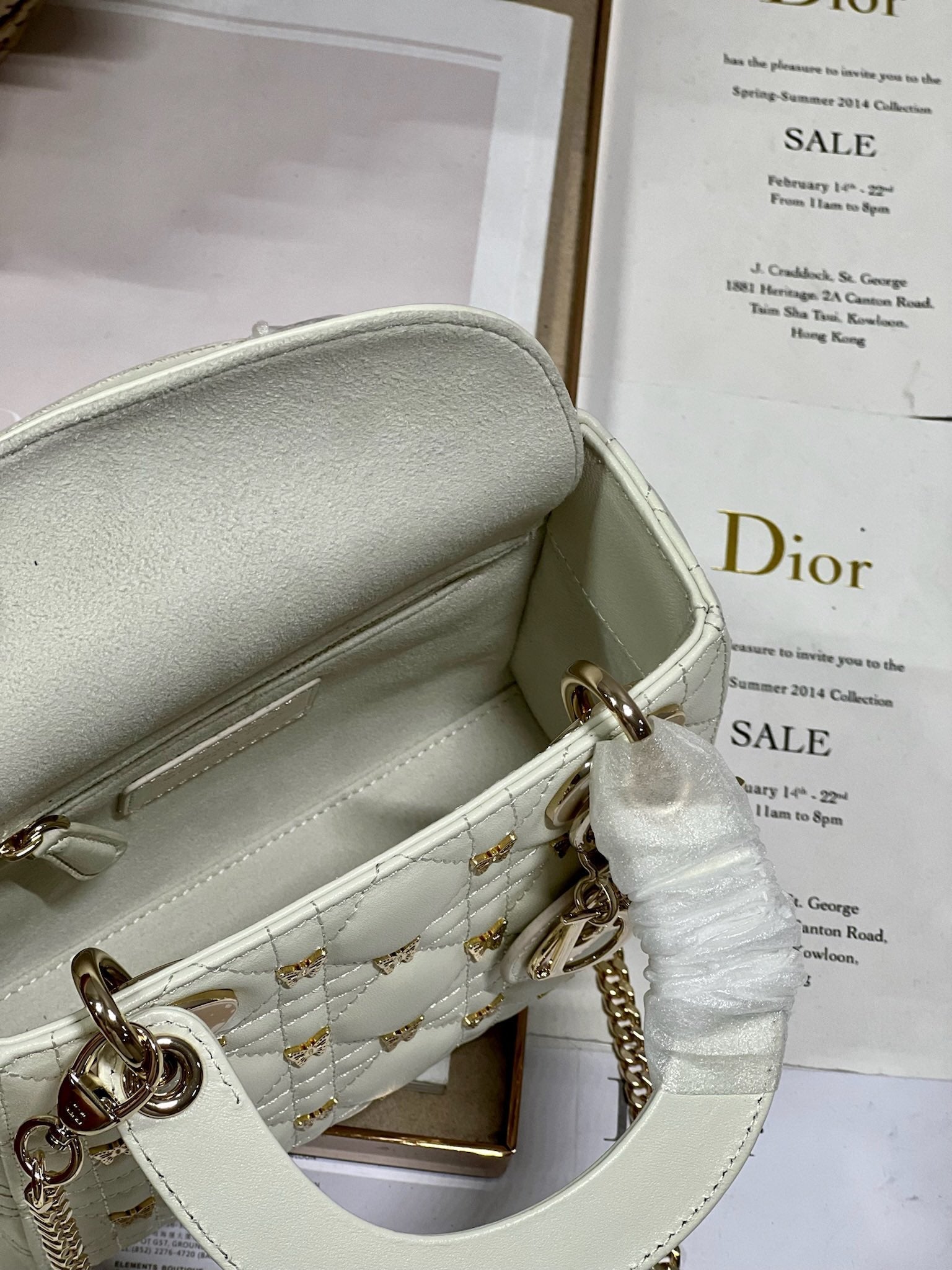 DIOR MINI LADY 17 BUTTERFLY STUD WHITE LAMBSKIN