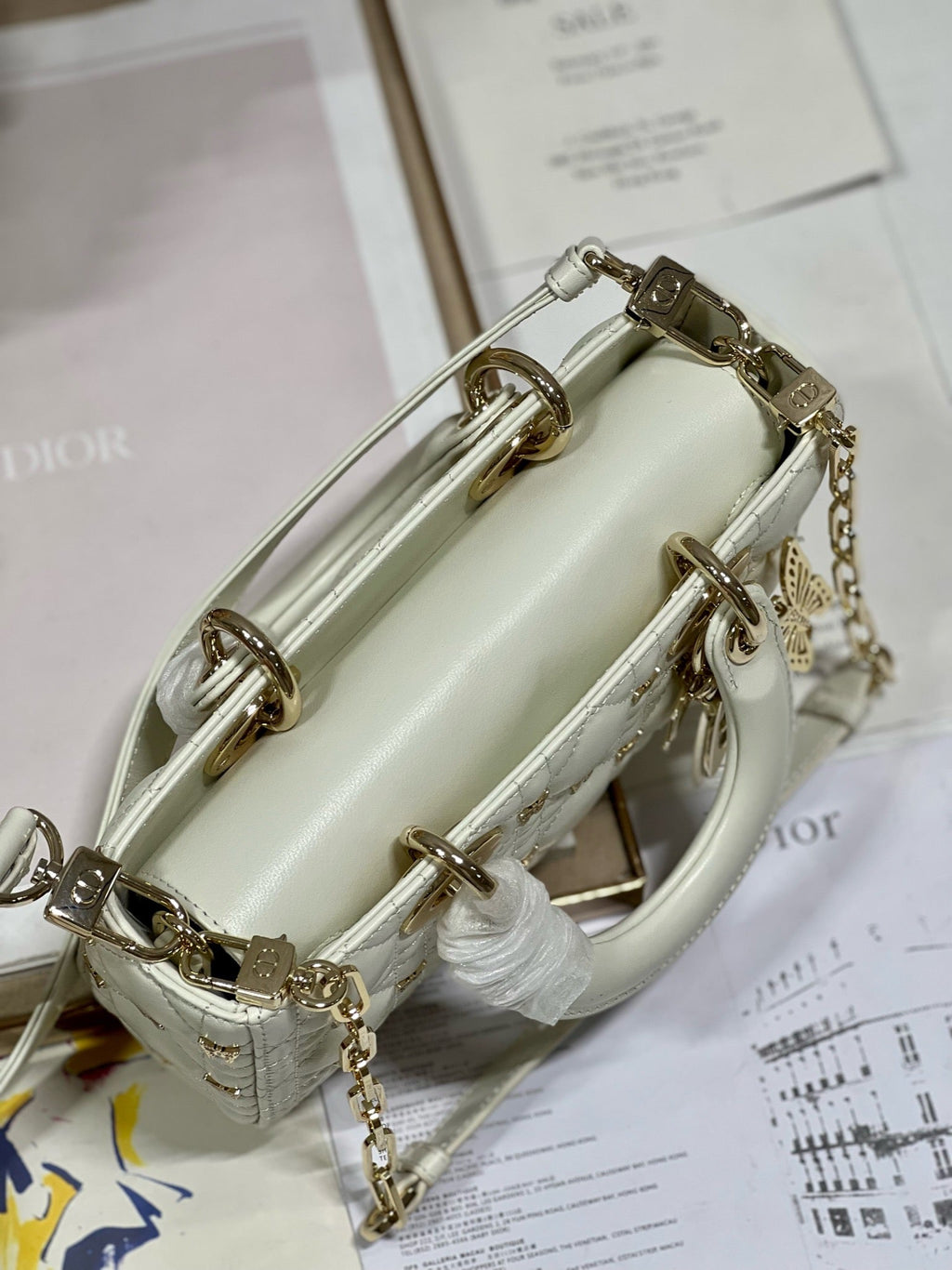 DIOR SMALL LADY D-JOY 22 BUTTERFLY STUD WHITE LAMBSKIN