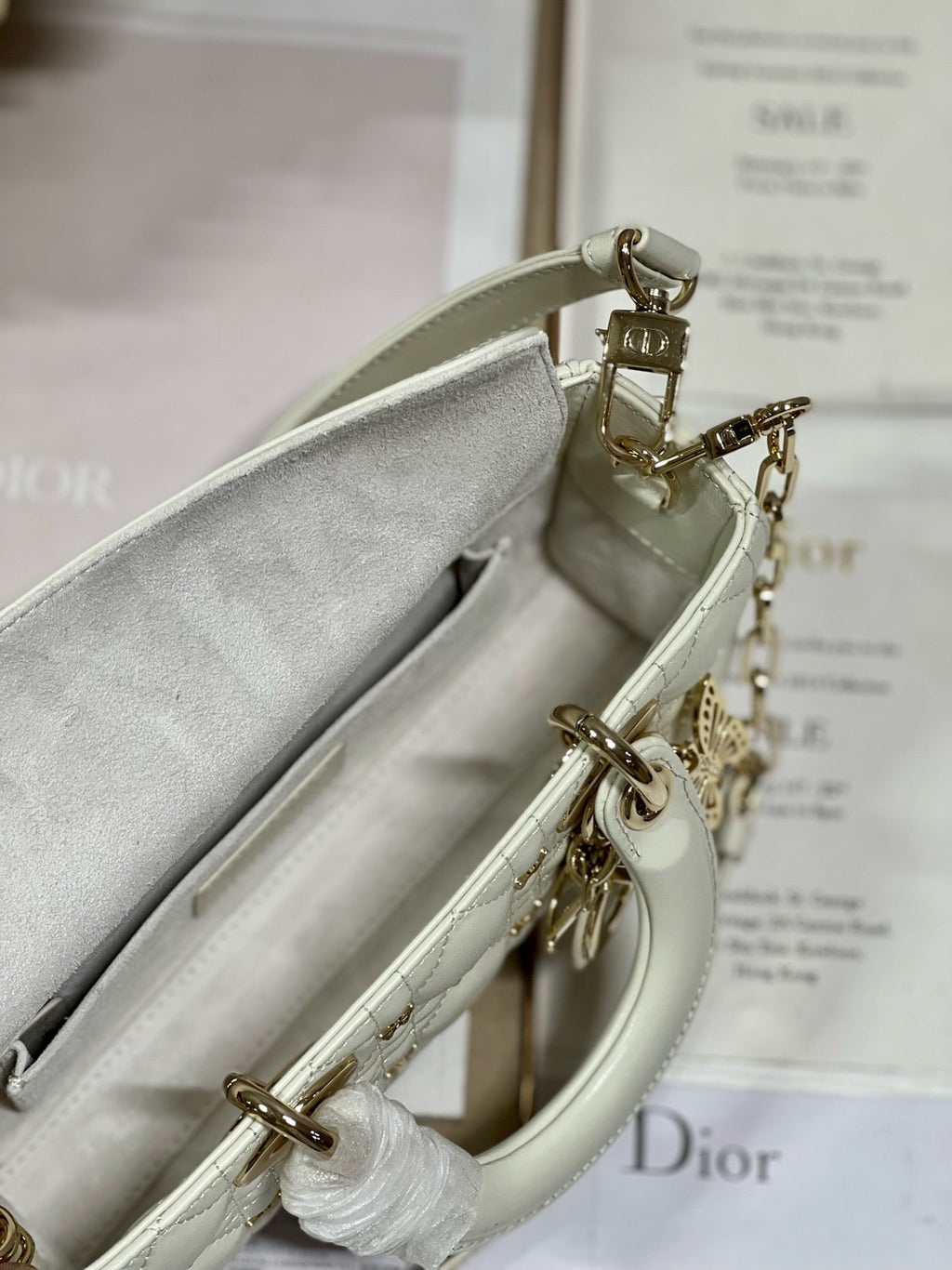 DIOR SMALL LADY D-JOY 22 BUTTERFLY STUD WHITE LAMBSKIN