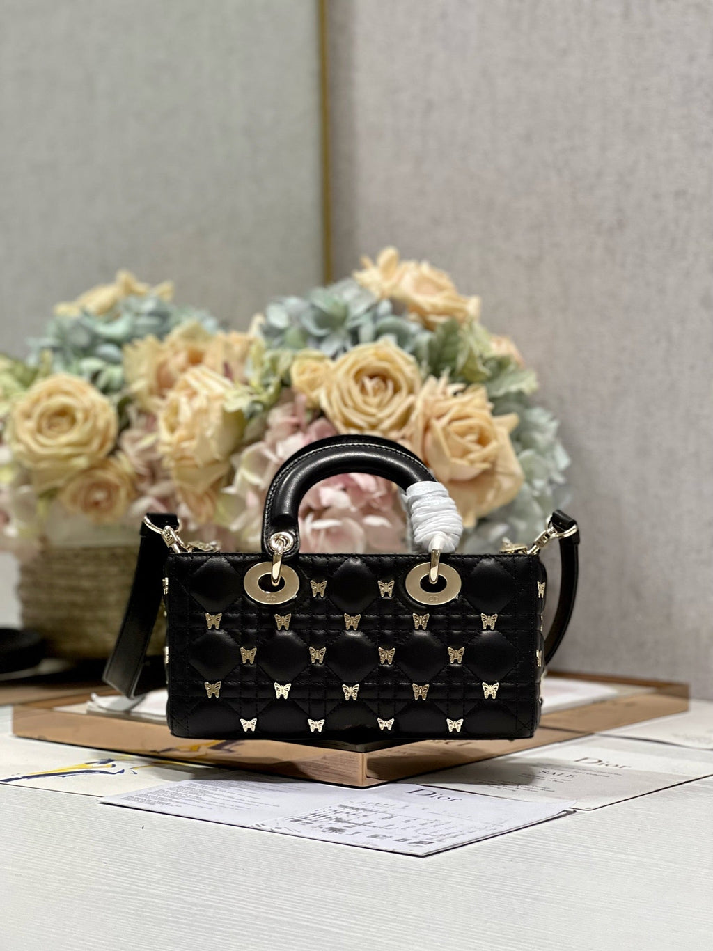 DIOR SMALL LADY D-JOY 22 BUTTERFLY STUD BLACK LAMBSKIN