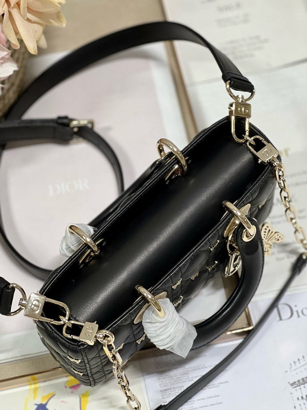 DIOR SMALL LADY D-JOY 22 BUTTERFLY STUD BLACK LAMBSKIN