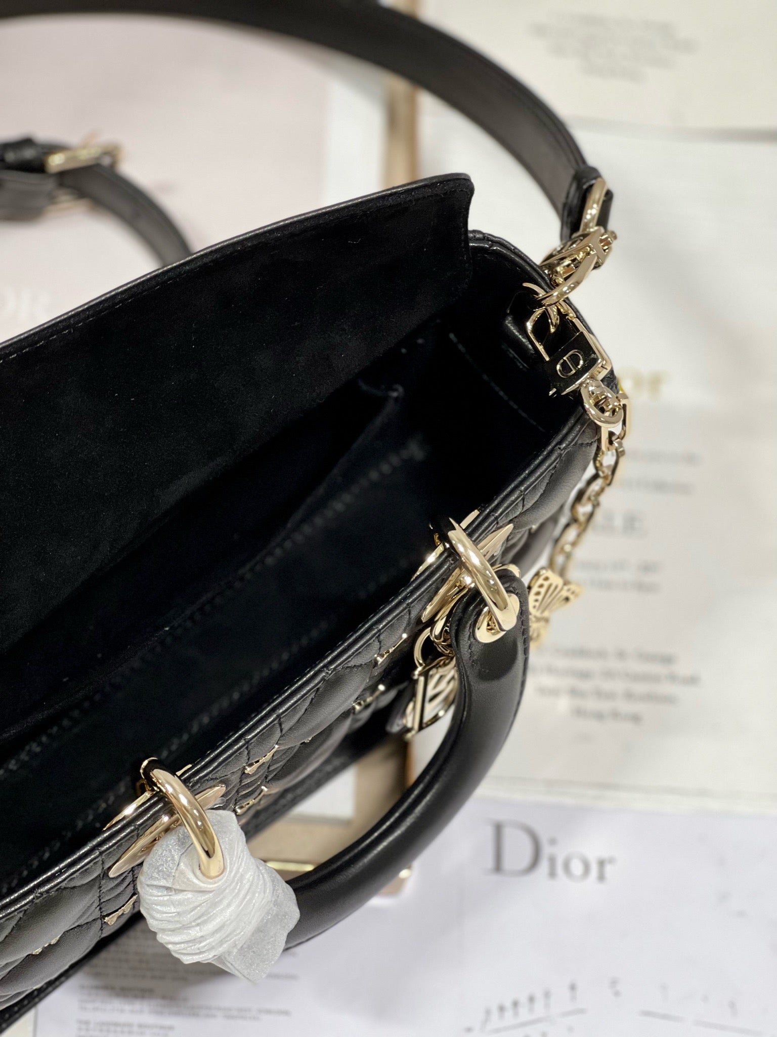 DIOR SMALL LADY D-JOY 22 BUTTERFLY STUD BLACK LAMBSKIN