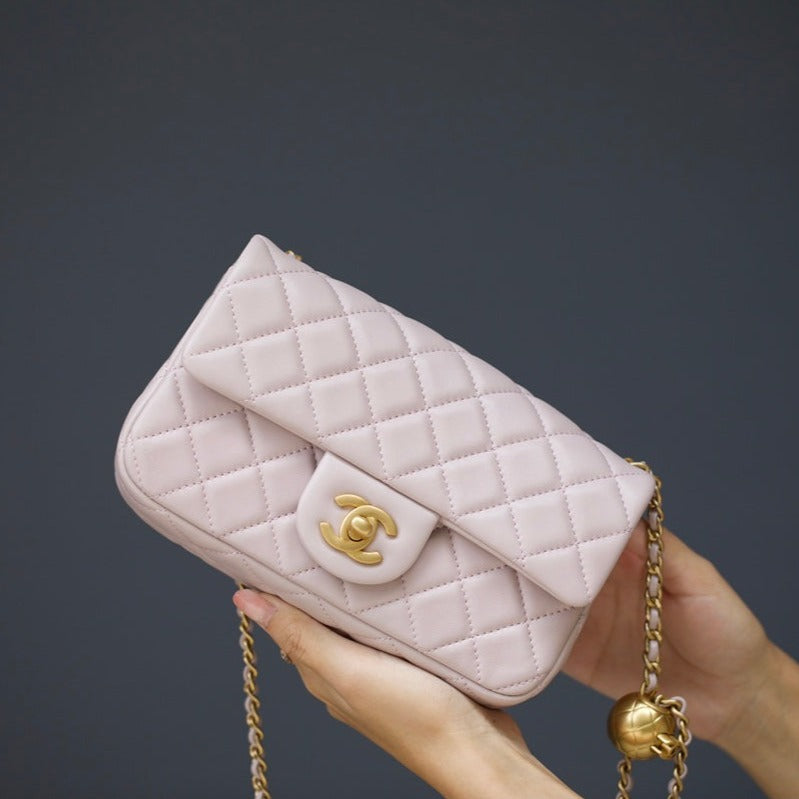 CHANEL MINI RECTANGLE FLAP BAG 20CM LIGHT PINK LAMBSKIN GOLD HARDWARE