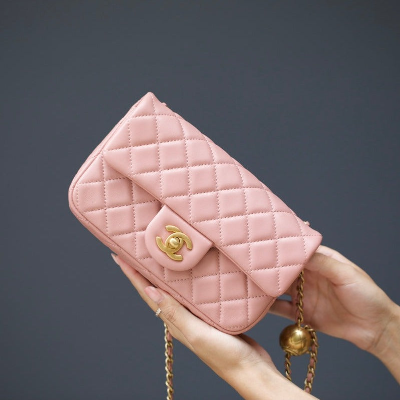 CHANEL MINI RECTANGLE FLAP BAG 20CM PINK LAMBSKIN GOLD HARDWARE