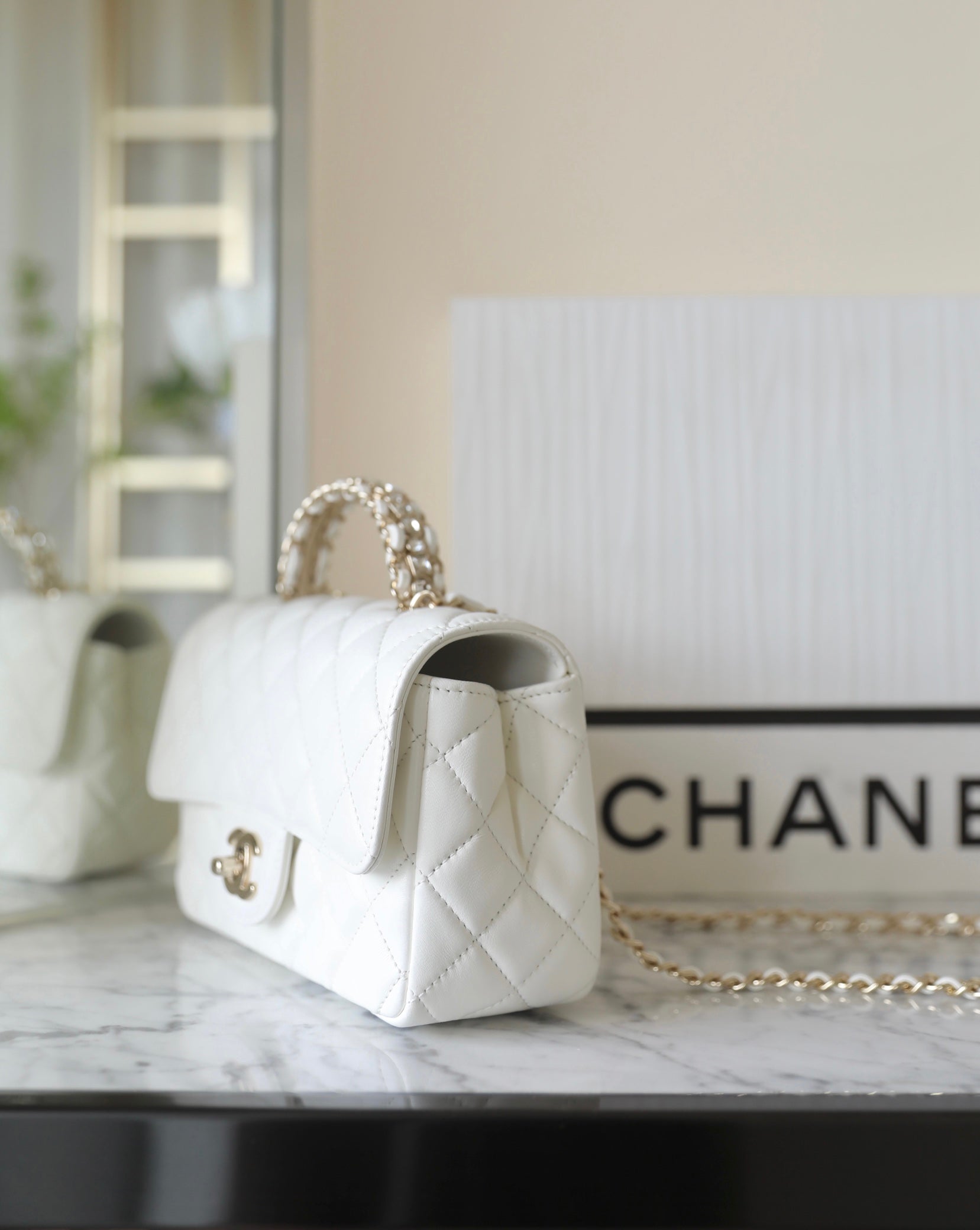 CHANEL MINI RECTANGLE FLAP BAG TOP HANDLE 20CM WHITE LAMBSKIN SILVER HARDWARE