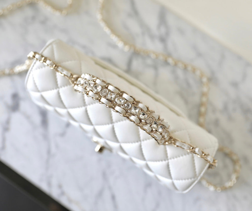 CHANEL MINI RECTANGLE FLAP BAG TOP HANDLE 20CM WHITE LAMBSKIN SILVER HARDWARE