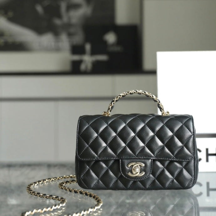 CHANEL MINI RECTANGLE FLAP BAG TOP HANDLE 20CM BLACK LAMBSKIN SILVER HARDWARE