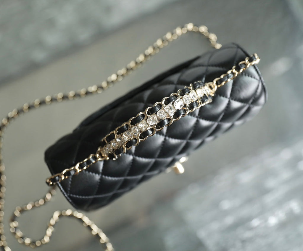 CHANEL MINI RECTANGLE FLAP BAG TOP HANDLE 20CM BLACK LAMBSKIN SILVER HARDWARE