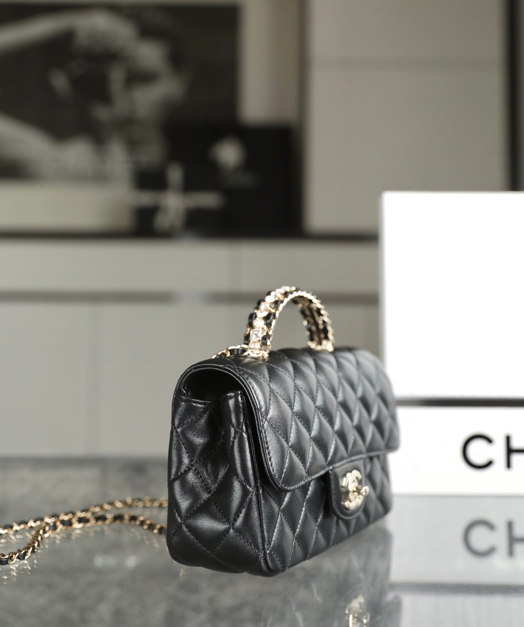 CHANEL MINI RECTANGLE FLAP BAG TOP HANDLE 20CM BLACK LAMBSKIN SILVER HARDWARE