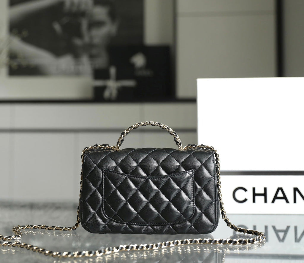 CHANEL MINI RECTANGLE FLAP BAG TOP HANDLE 20CM BLACK LAMBSKIN SILVER HARDWARE