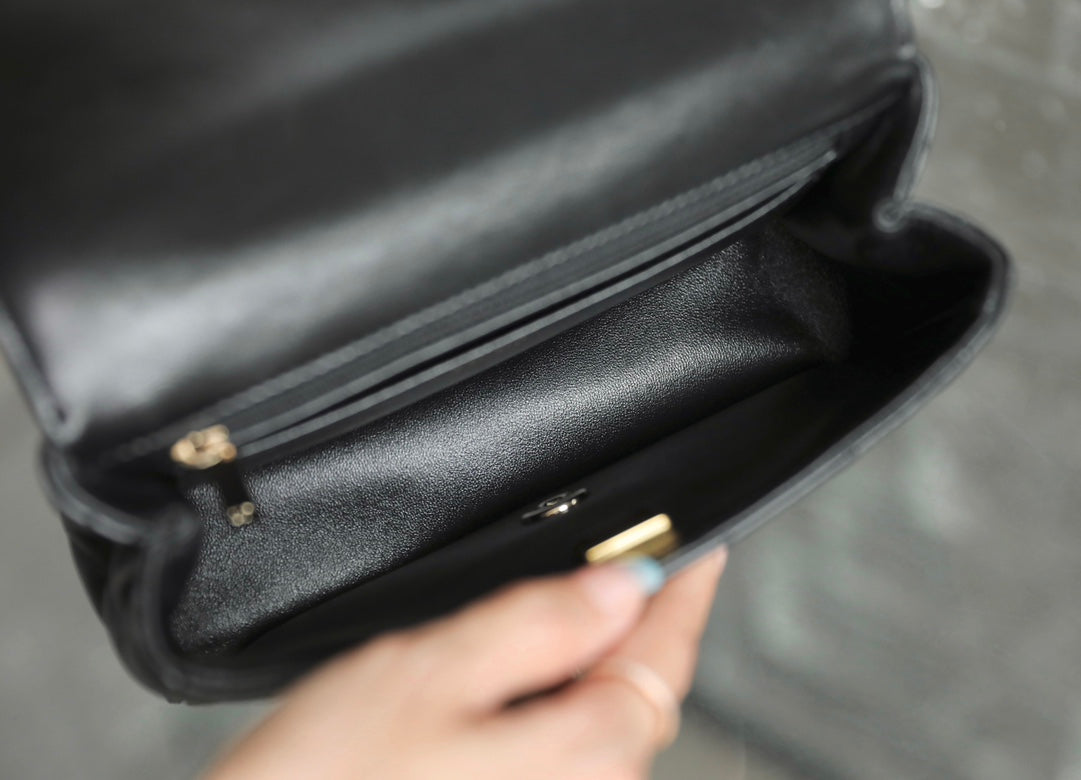 CHANEL MINI RECTANGLE FLAP BAG TOP HANDLE 20CM BLACK LAMBSKIN SILVER HARDWARE