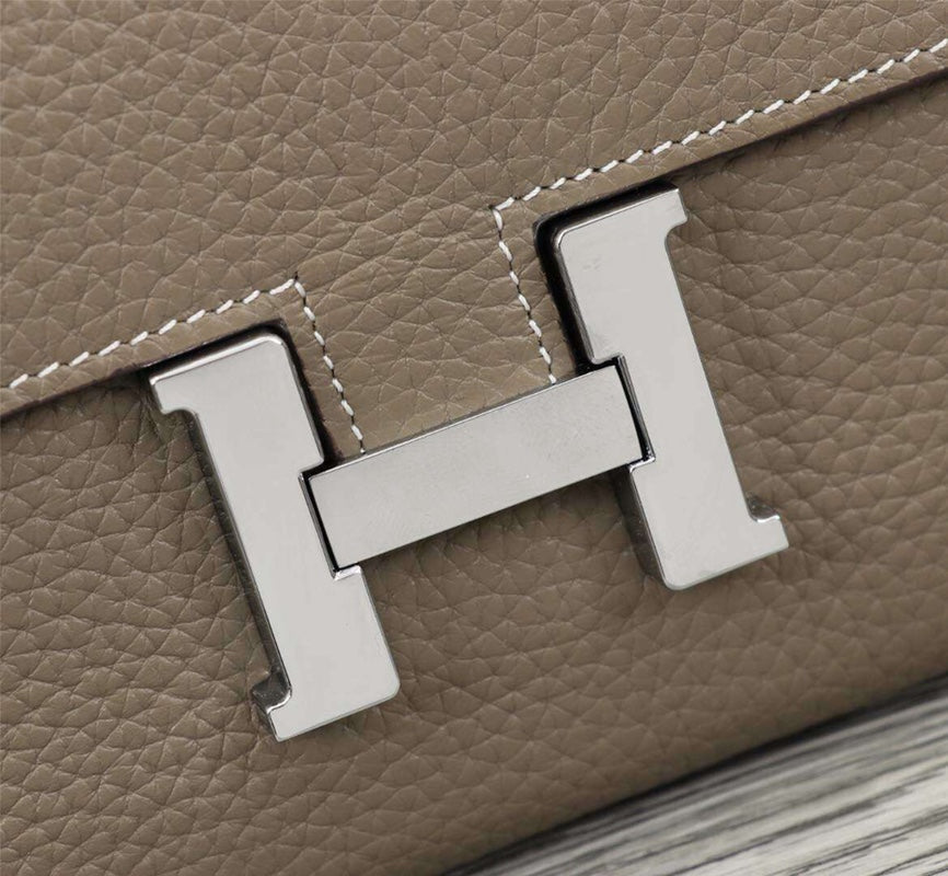 HERMES CLUTCH CONSTANCE 20.5 KHAKI CALFSKIN SILVER HARDWARE