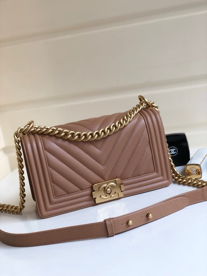 CHANEL MEDIUM 25 BOY BAG IN ASH BROWN LAMBSKIN SILVER HARDWARE