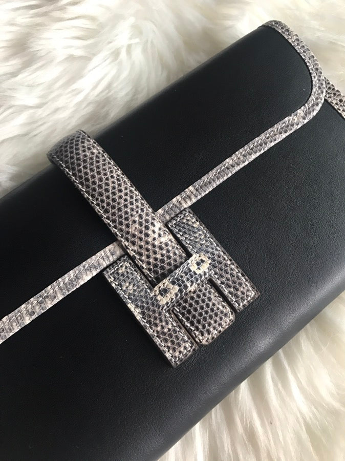 HERMES JIGE ELAN 29 CLUTCH IN BLACK CALFSKIN WITH WHITE LIZARD SKIN