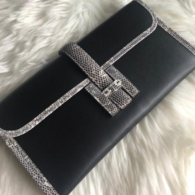 HERMES JIGE ELAN 29 CLUTCH IN BLACK CALFSKIN WITH WHITE LIZARD SKIN