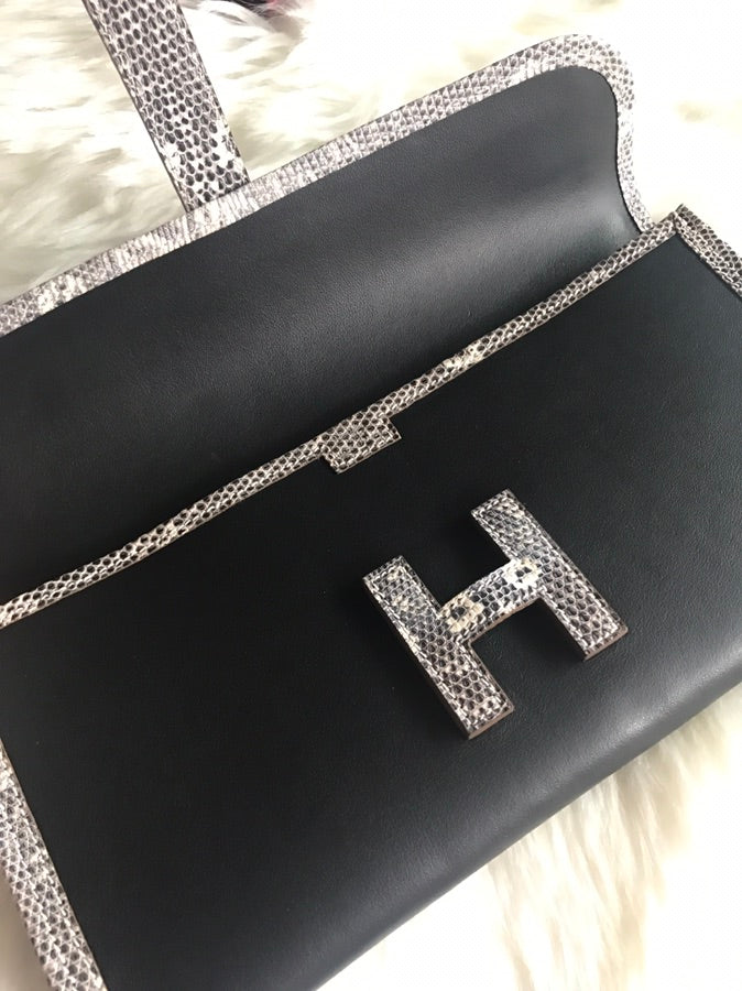 HERMES JIGE ELAN 29 CLUTCH IN BLACK CALFSKIN WITH WHITE LIZARD SKIN