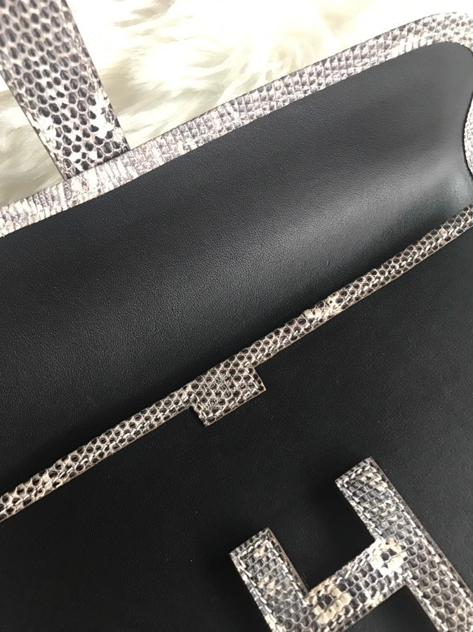 HERMES JIGE ELAN 29 CLUTCH IN BLACK CALFSKIN WITH WHITE LIZARD SKIN