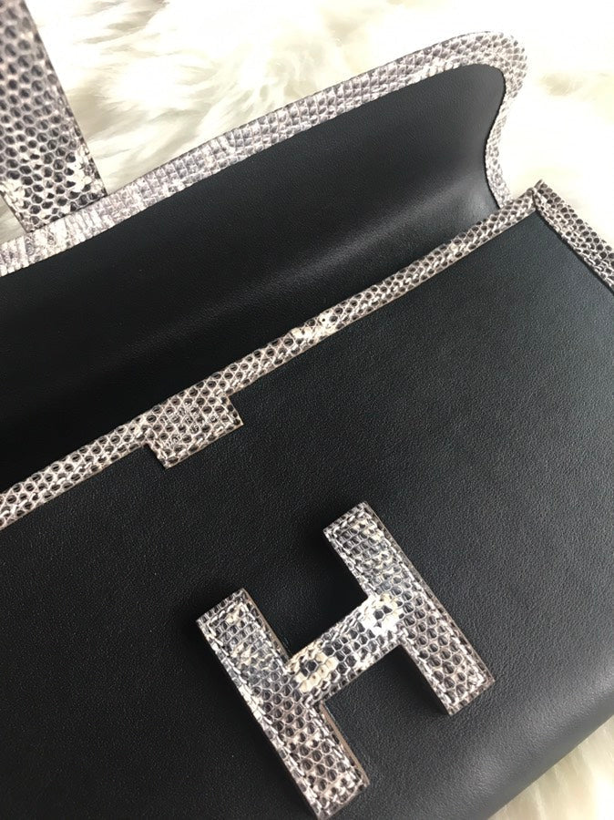 HERMES JIGE ELAN 29 CLUTCH IN BLACK CALFSKIN WITH WHITE LIZARD SKIN