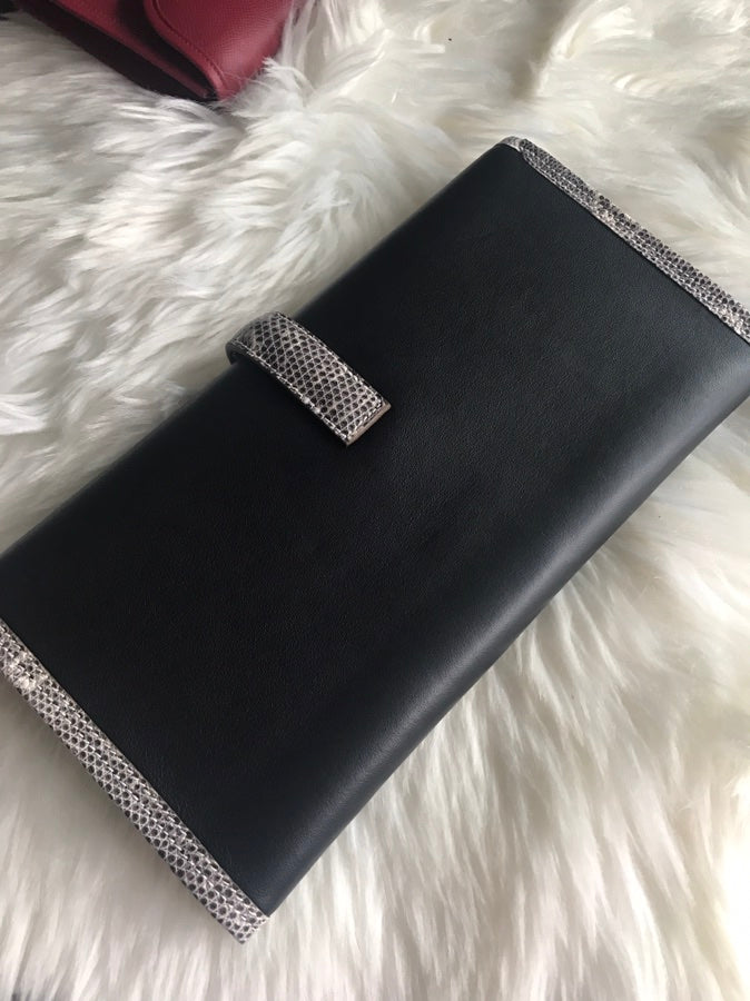 HERMES JIGE ELAN 29 CLUTCH IN BLACK CALFSKIN WITH WHITE LIZARD SKIN