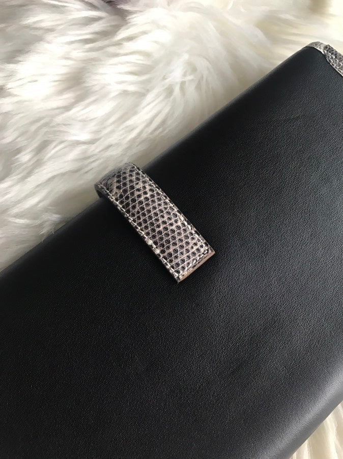 HERMES JIGE ELAN 29 CLUTCH IN BLACK CALFSKIN WITH WHITE LIZARD SKIN