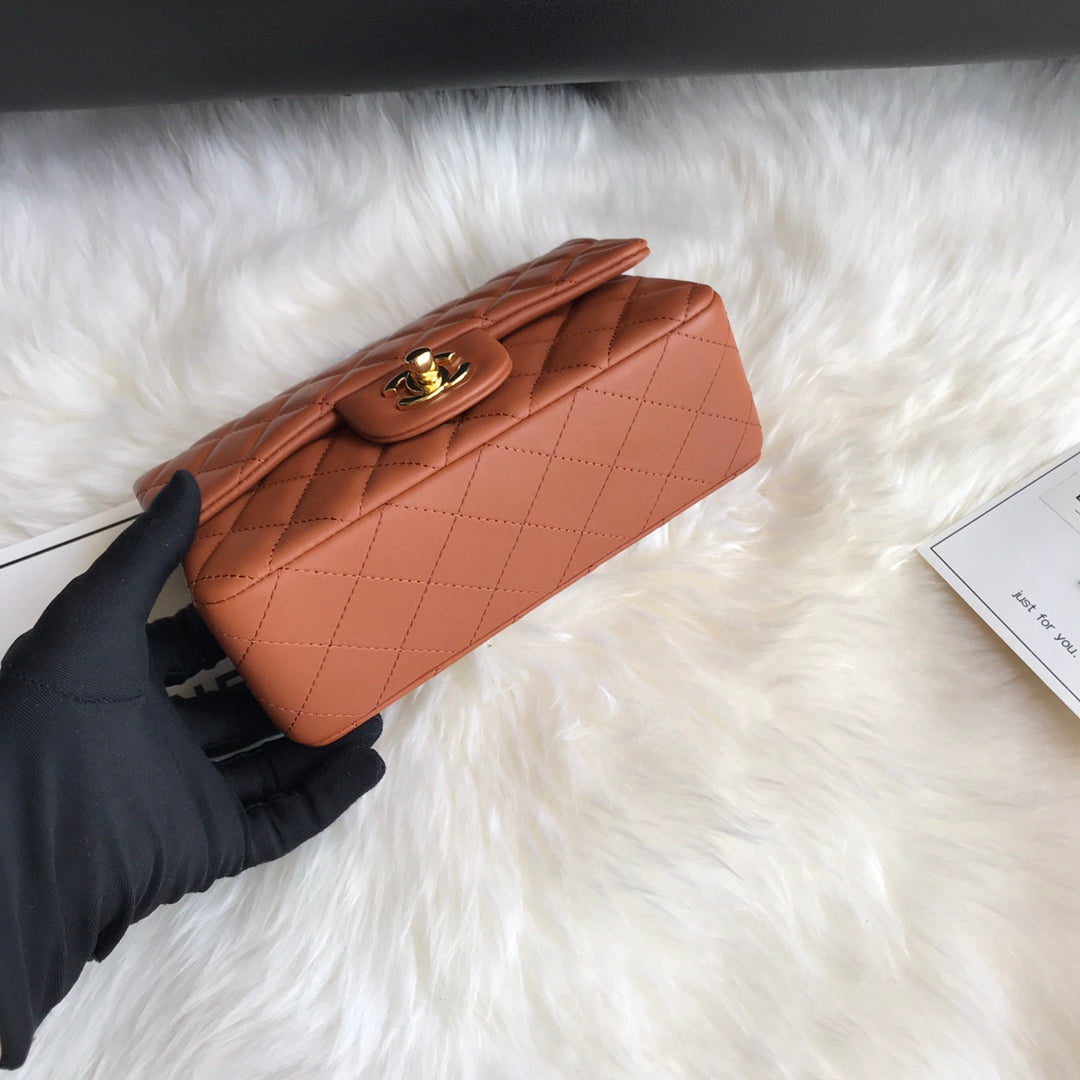 CHANEL 20 CLASSIC SMALL DOUBLE FLAP BAG IN CARAMEL BROWN CALFSKIN