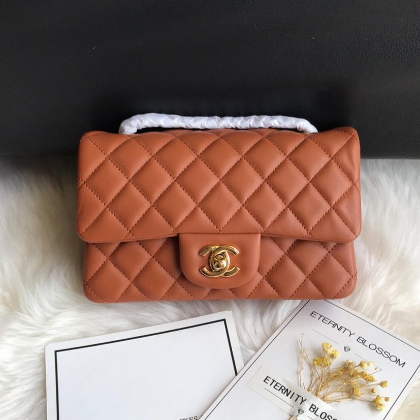 CHANEL 20 CLASSIC SMALL DOUBLE FLAP BAG IN CARAMEL BROWN CALFSKIN