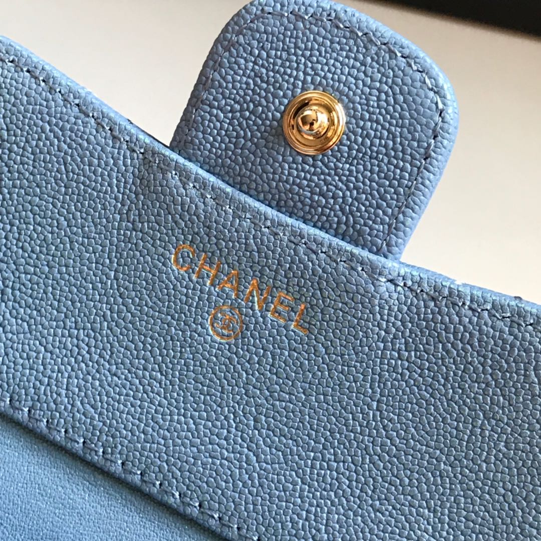 CHANEL FLAP CARD HOLDER 11.5 SKY GRAINED CALFSKIN GOLD ICON