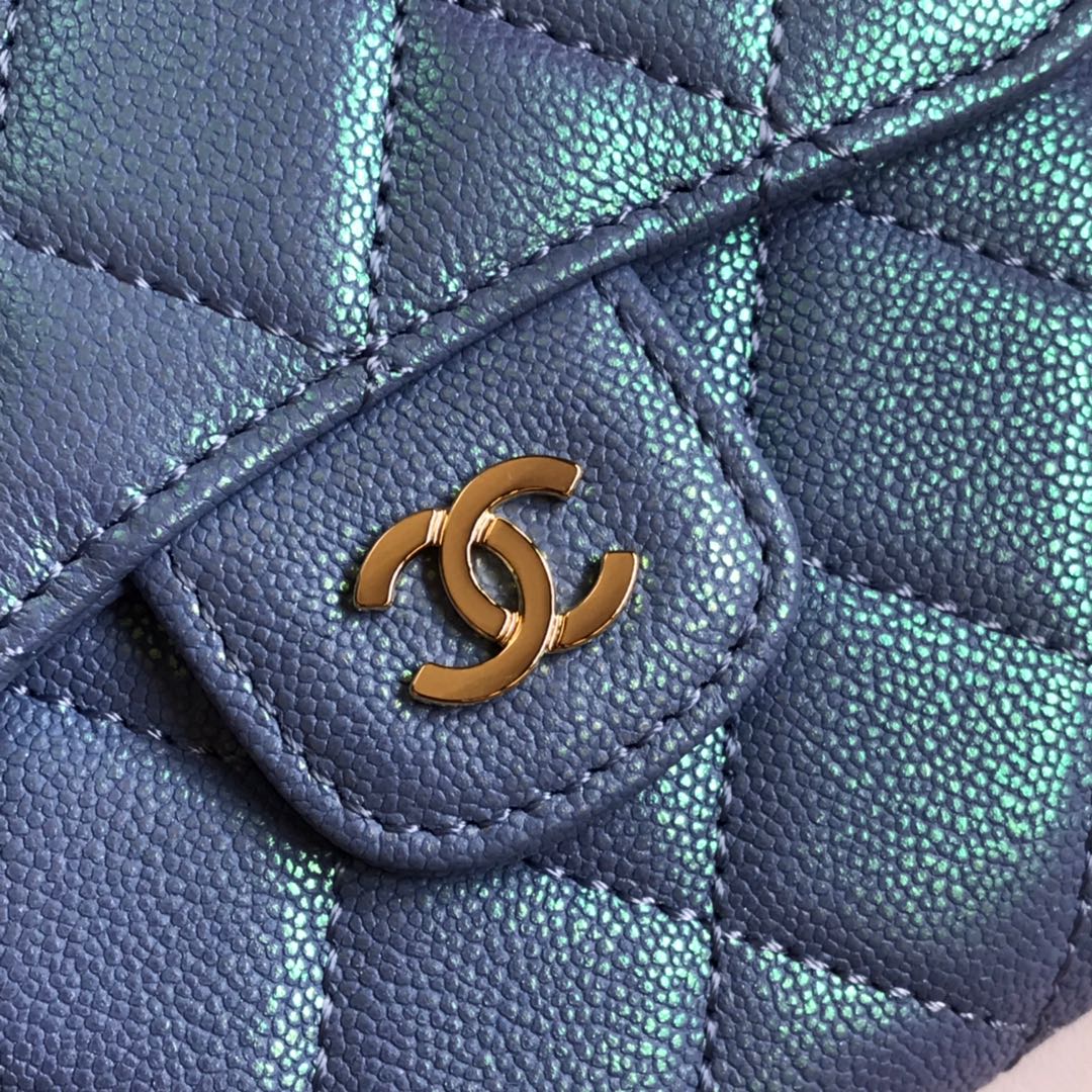 CHANEL FLAP CARD HOLDER 11.5 SKY GRAINED CALFSKIN GOLD ICON