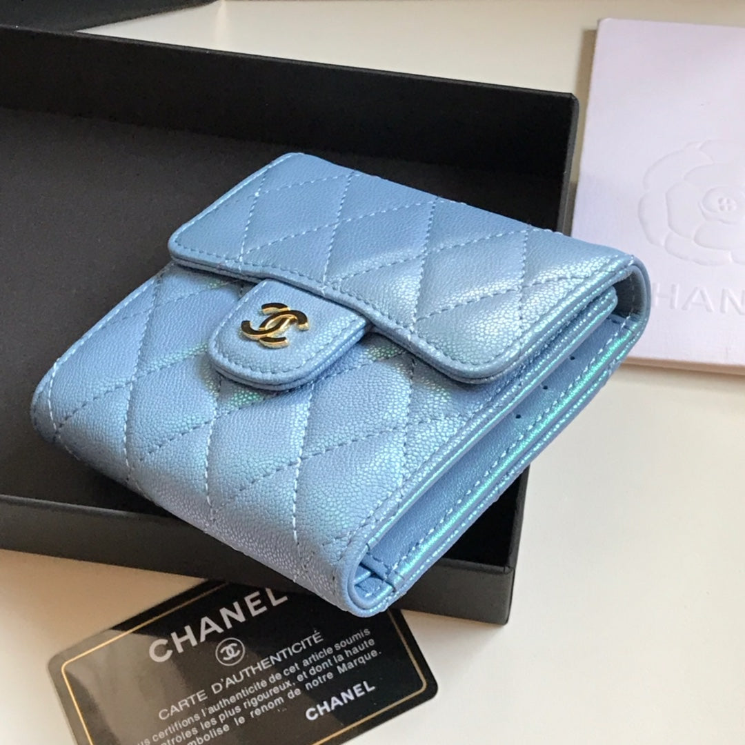 CHANEL FLAP CARD HOLDER 11.5 SKY GRAINED CALFSKIN GOLD ICON