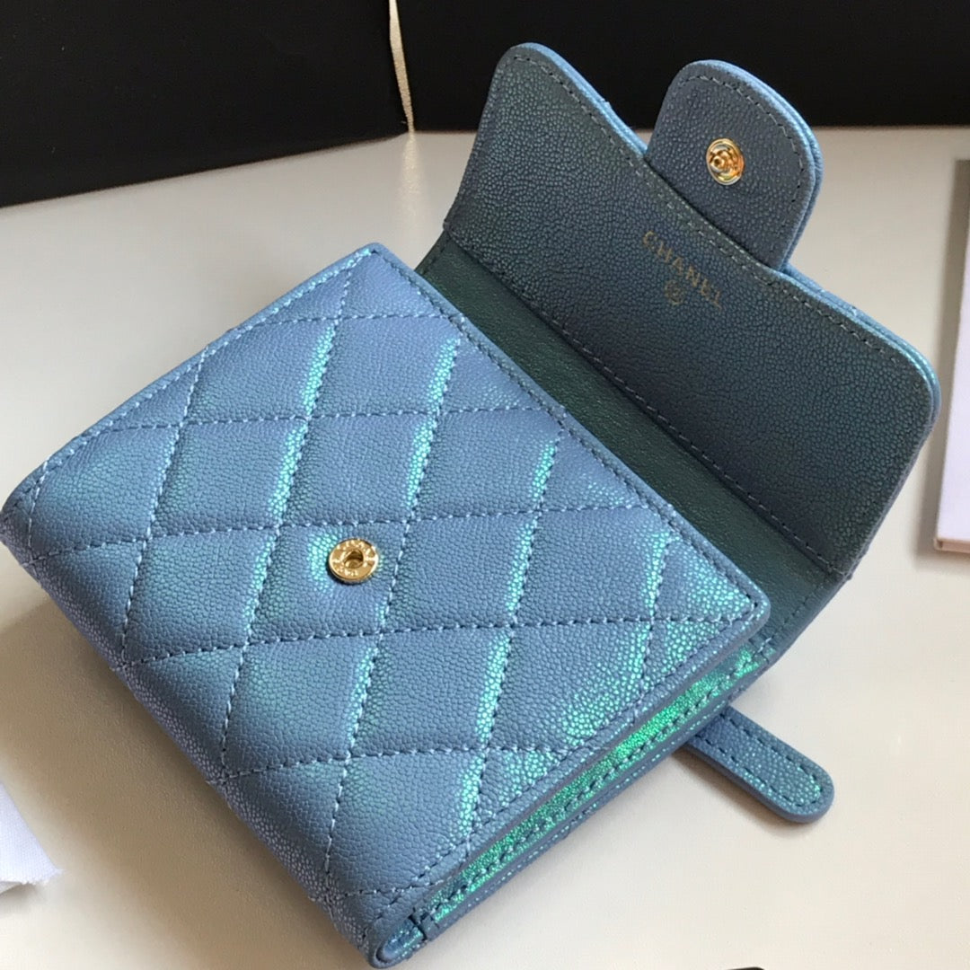 CHANEL FLAP CARD HOLDER 11.5 SKY GRAINED CALFSKIN GOLD ICON