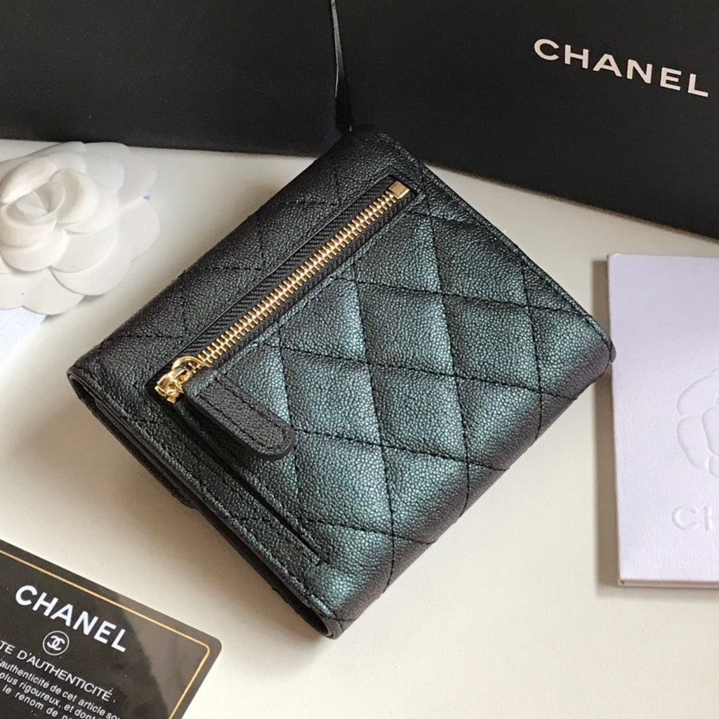 CHANEL FLAP CARD HOLDER 11.5 BLACK GRAINED CALFSKIN WITH GOLD ICON