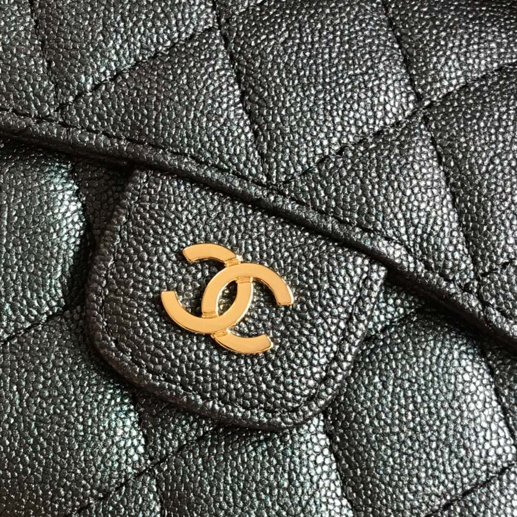 CHANEL FLAP CARD HOLDER 11.5 BLACK GRAINED CALFSKIN WITH GOLD ICON