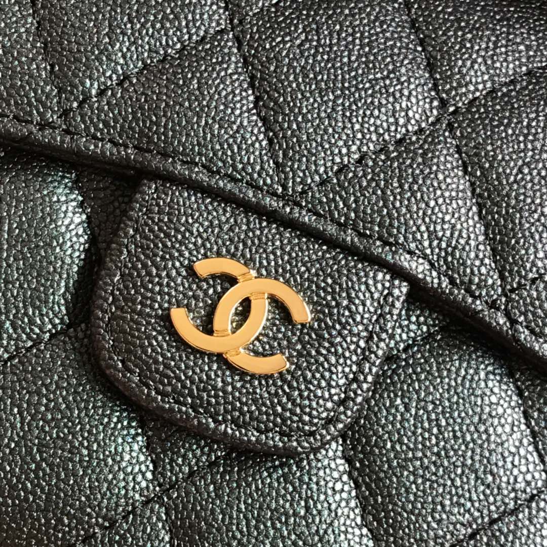 CHANEL FLAP CARD HOLDER 11.5 BLACK GRAINED CALFSKIN WITH GOLD ICON