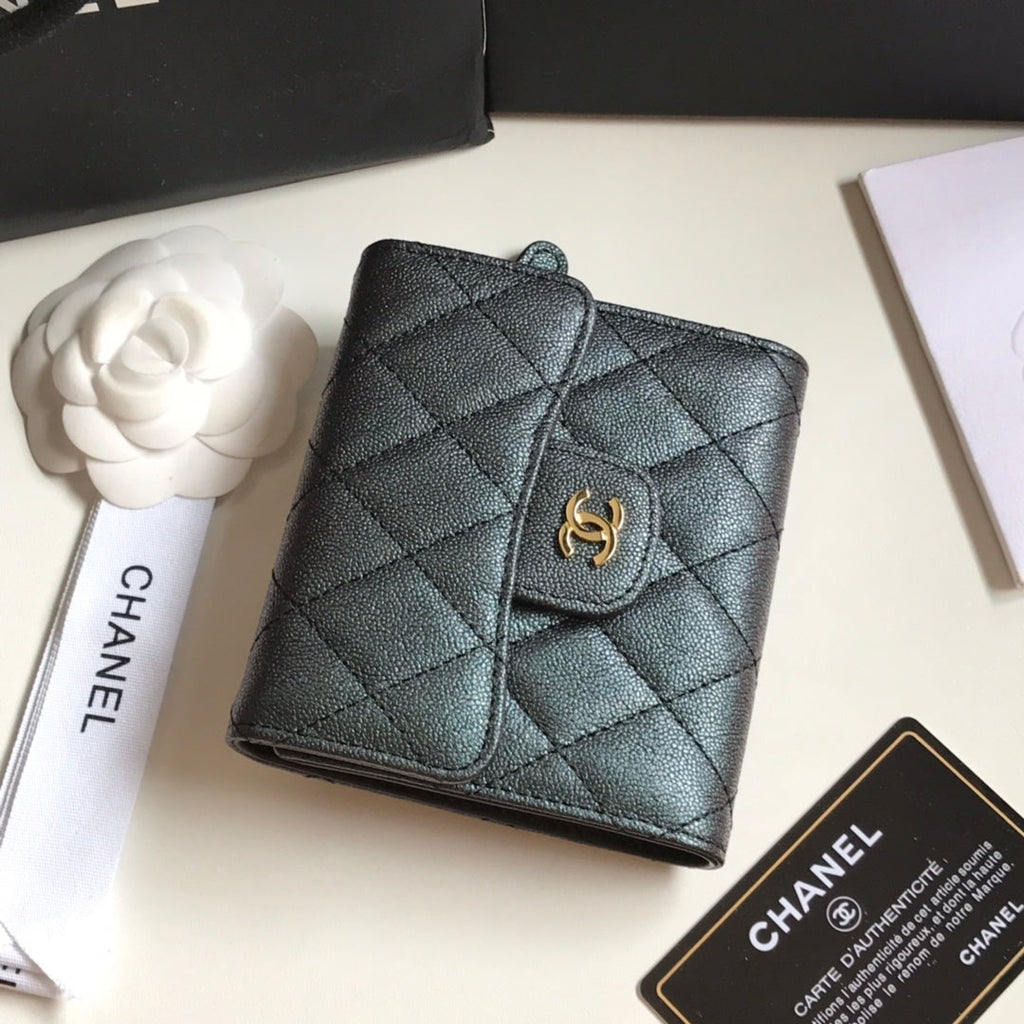CHANEL FLAP CARD HOLDER 11.5 BLACK GRAINED CALFSKIN WITH GOLD ICON