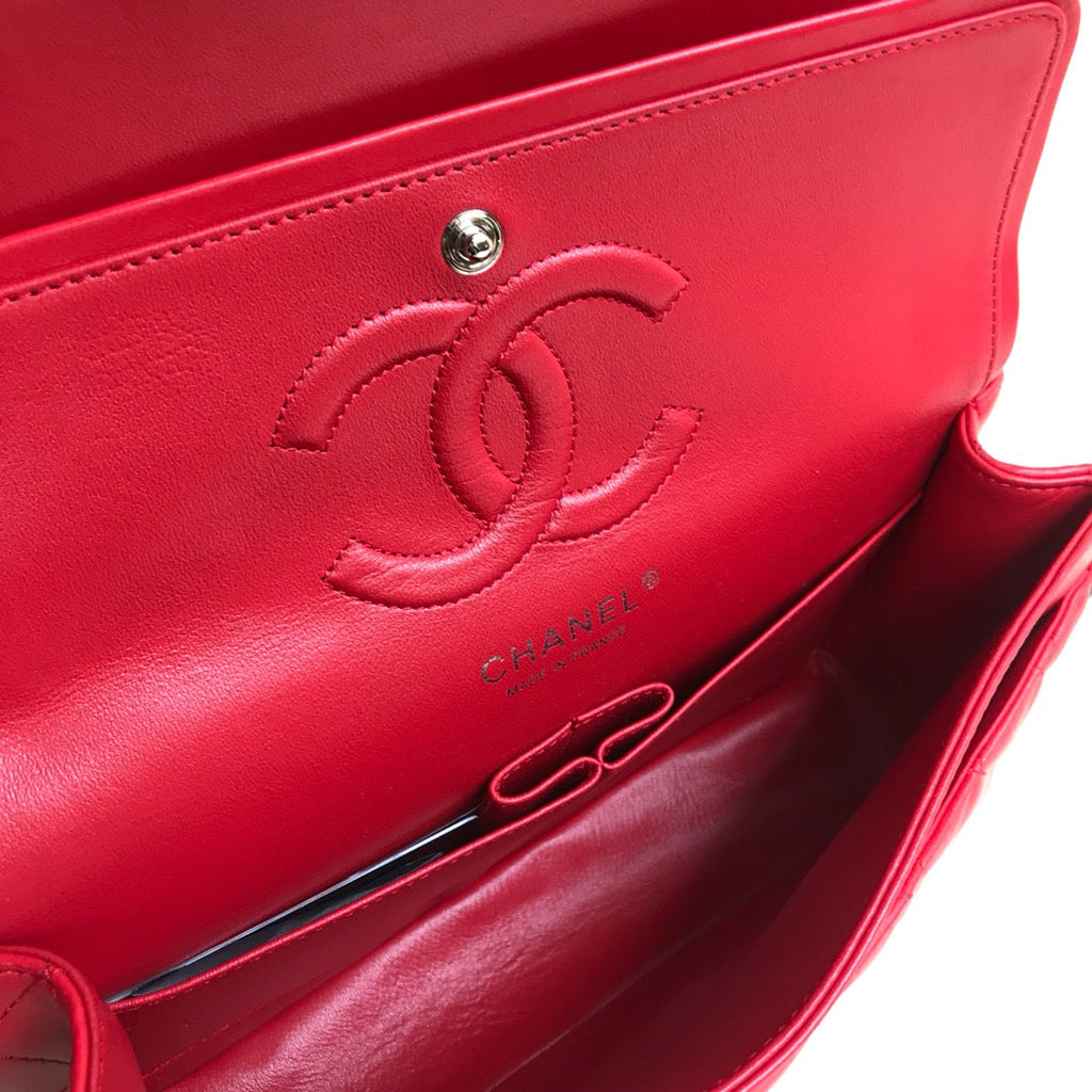 CHANEL FLAP BAG MEDIUM 25CM RED LAMBSKIN SILVER HARDWARE