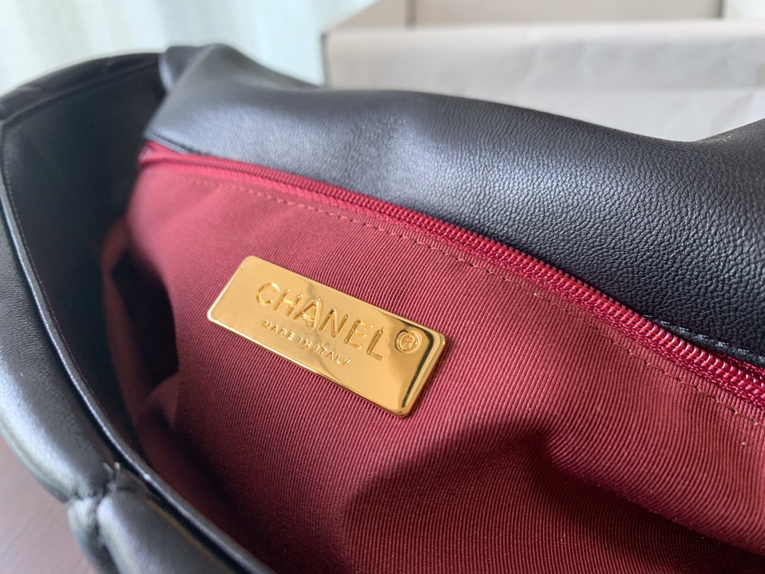 CHANEL 19 FLAP BAG 30 BLACK GOATSKIN GOLD HARDWARE