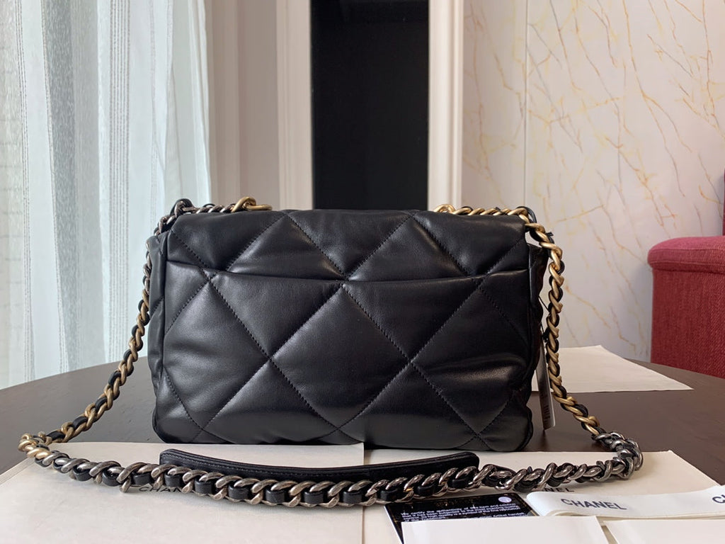 CHANEL 19 FLAP BAG 30 BLACK GOATSKIN GOLD HARDWARE