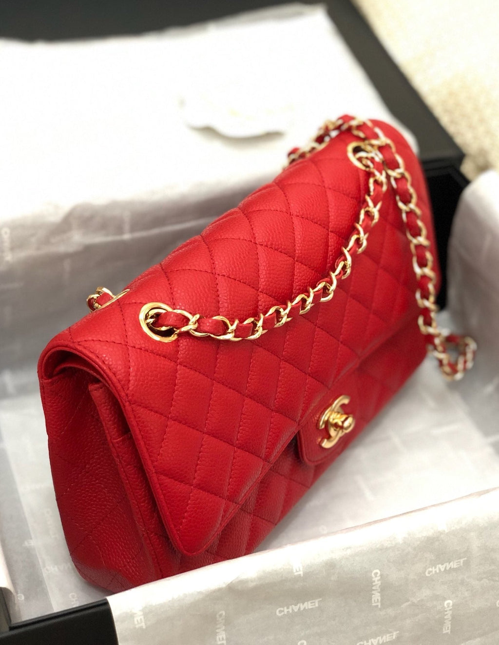 CHANEL FLAP BAG MEDIUM 25CM RED CAVIAR GOLD HARDWARE