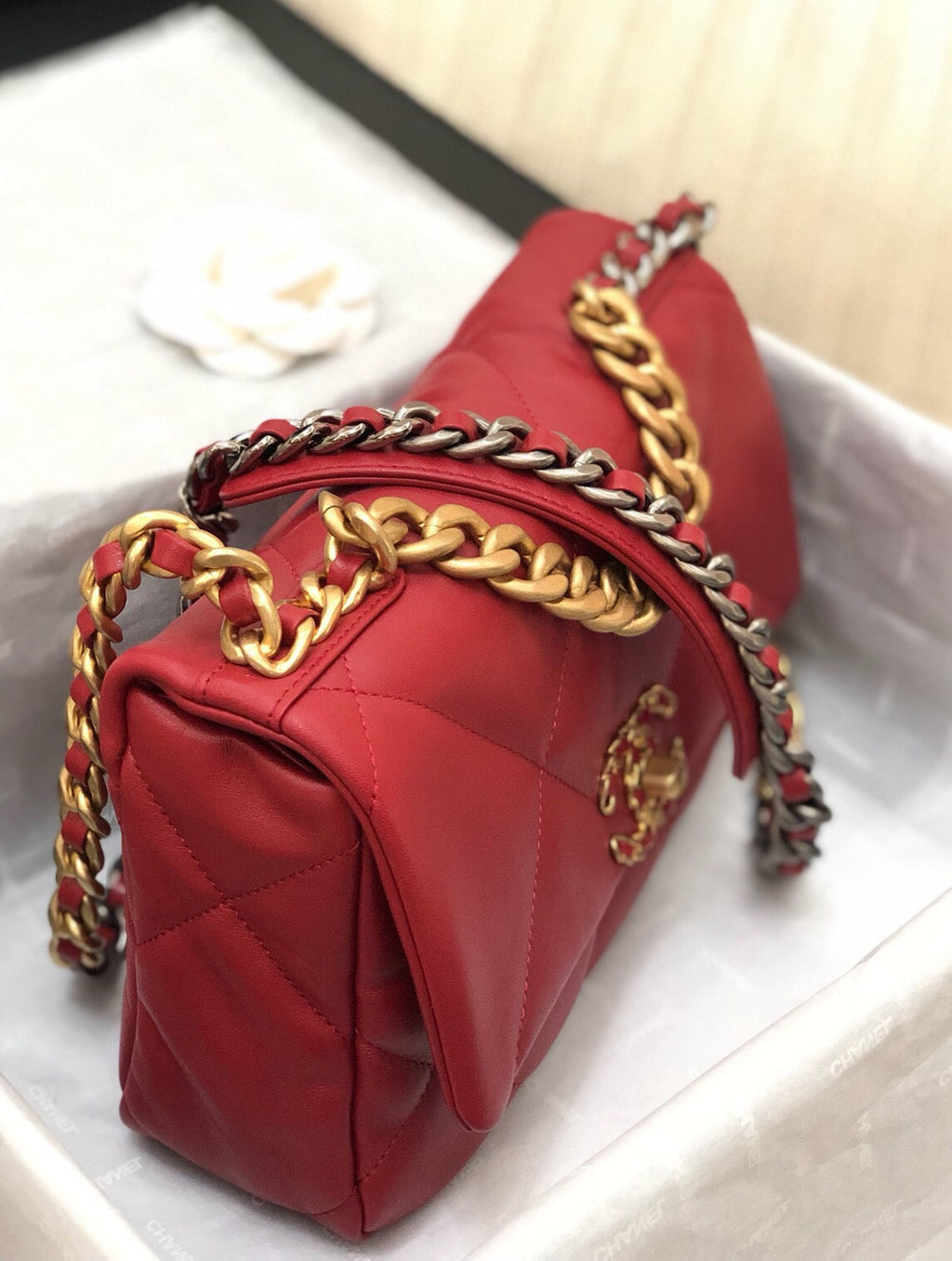CHANEL 19 FLAP BAG 26 RED LAMBSKIN GOLD HARDWARE